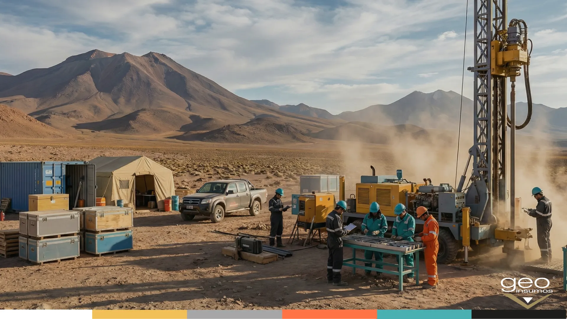 Campamento de sondaje en el altiplano: torre de perforación en operación y cuadrilla logueando testigos junto a cajas y bandejas de resguardo.